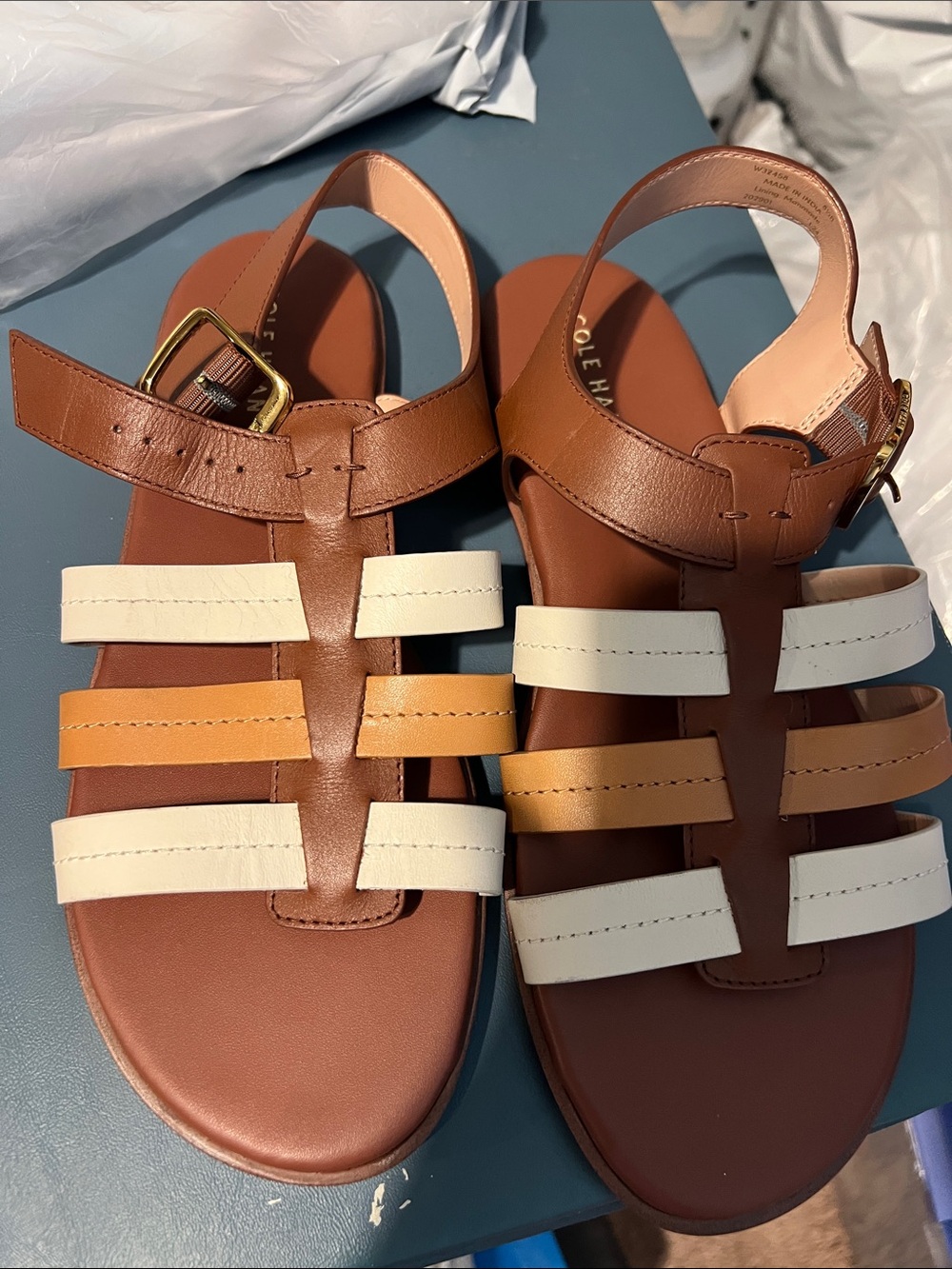Cole Haan Brown Sandals with White and Tan Straps